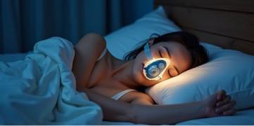 a peaceful bedroom scene with a person sleeping soundly surrounded by soft pillows and a cpap machine gently emitting a soothing light
